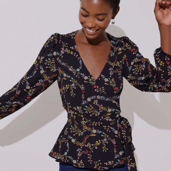 LOFT Tops - Floral Black Wrap Blouse